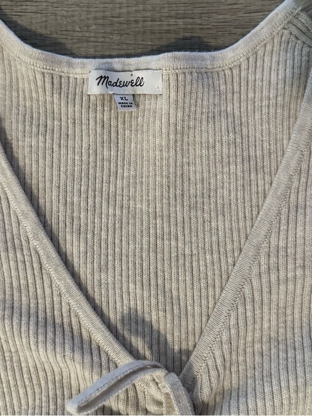 Madewell Ribbed V-Neck Tie-Front Sweater in Light Cream